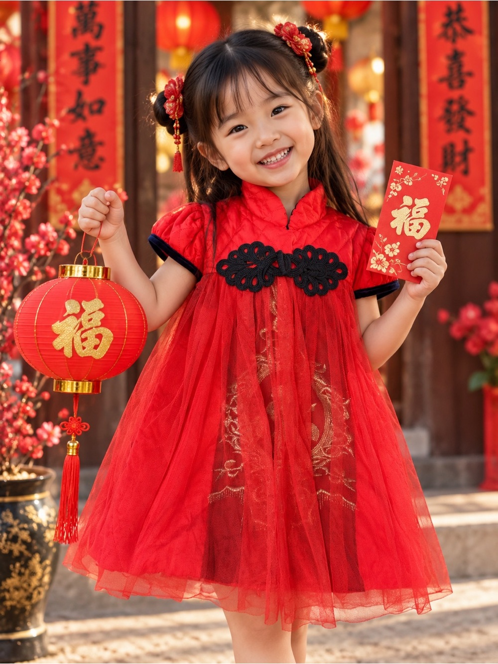 Red Tulle-Overlay Girls' long Top/Short Dress Winter Quilted Embroidered